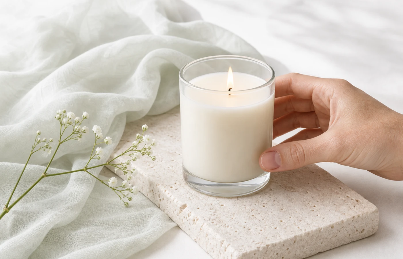 Hand placing an unlabelled candle in a bright studio setting