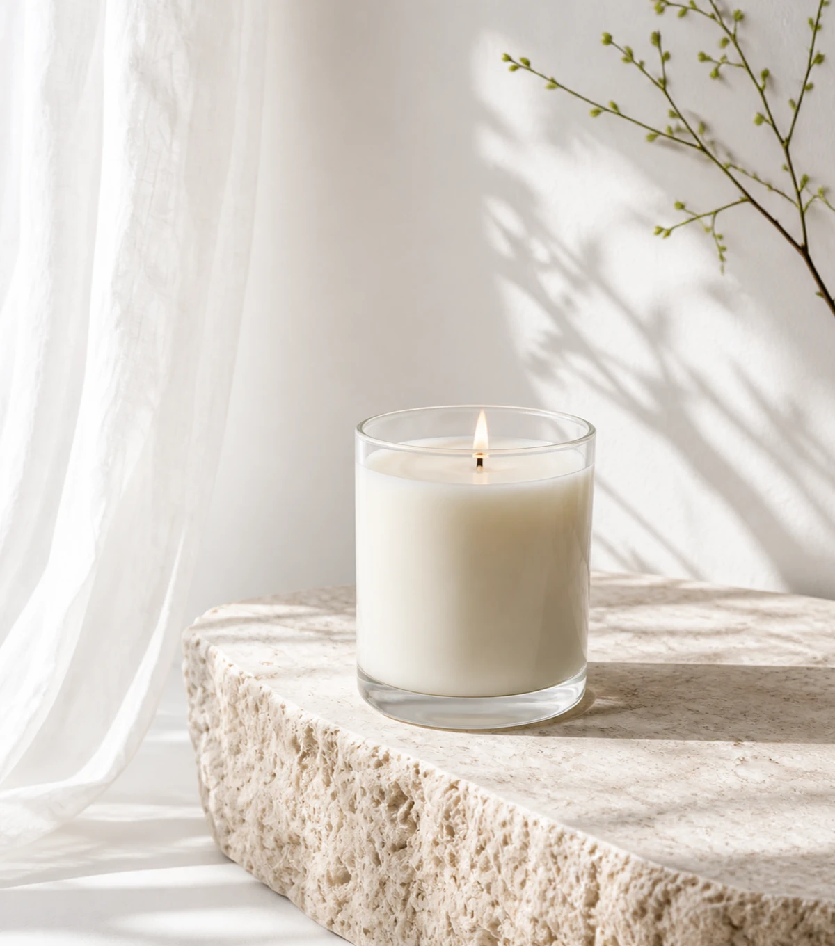 Unlabelled candle in bright natural light